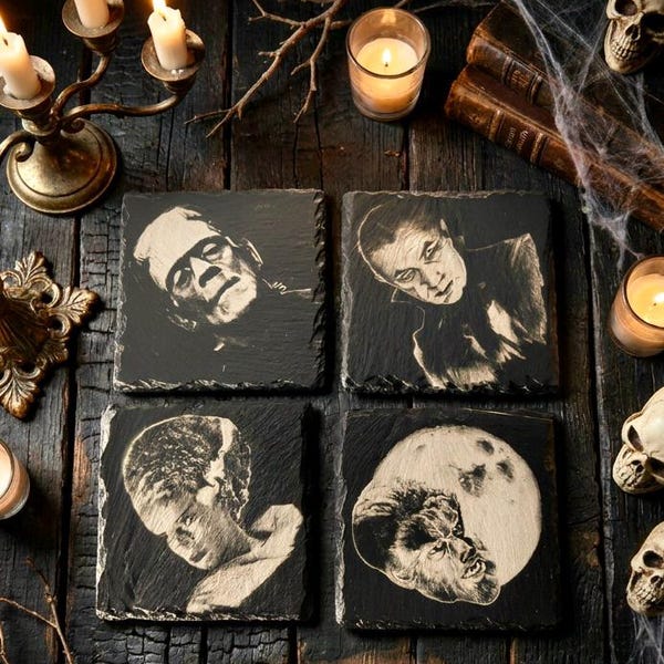 Universal Monsters Slate Coasters: Engraved Classic Movie Set 1