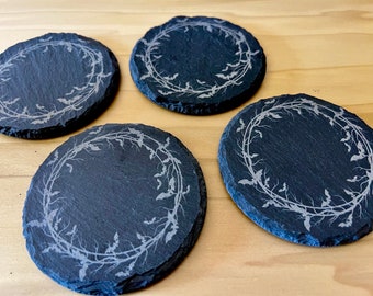 Slate Coaster Set: Engraved Bats, Gothic Home Decor (Set of 4)