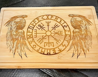Cutting Board - Odin's Twin Ravens & Vegvisir engraved on Bamboo Wood Nordic Viking Charcuterie