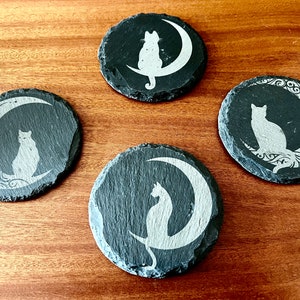 Coasters - Slate Cats & Moons Engraved Set of Four with rubber backing