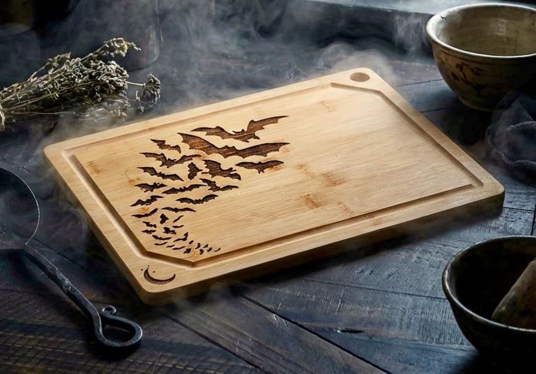 (15x10) Engraved Bat Bamboo Cutting Board: Gothic Kitchen Charcuterie Board