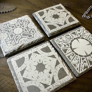 Coaster Set - Hell Raising Puzzle Box engraved on Slate (set of four) Hellraiser