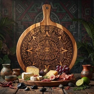 Aztec Calendar Charcuterie Board: Engraved Acacia Wood Serving Platter