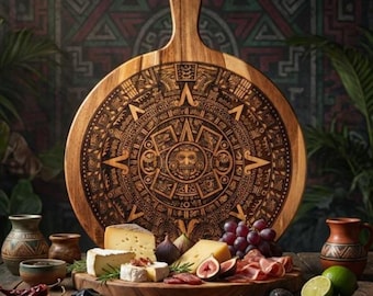 Aztec Calendar Charcuterie Board: Engraved Acacia Wood Serving Platter
