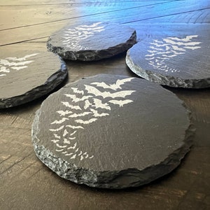 Engraved Slate Coaster Set: Spooky Bat Design (Set of 4)