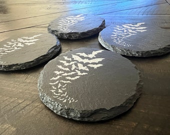 Engraved Slate Coaster Set: Spooky Bat Design (Set of 4)