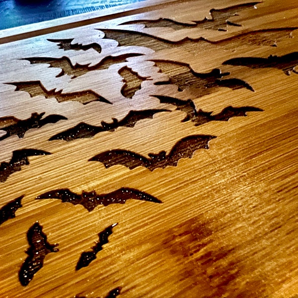 Charcuterie Board - Bats!  engraved on Bamboo wood Cutting Board Cheese Plate Gothic Kitchen Great for any holiday, not just Halloween!