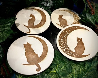 Cat & Moon Coasters: Engraved Wooden Coaster Set with Cork Back (Set of 4)