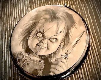 Compacte zakspiegel Chucky & Tiffany dubbelzijdig metaal gegraveerd