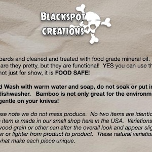 May include: The image features the logo for Blackspot Creations, a skull and crossbones design. The text states the products are food safe, hand wash only, and made in the USA. The products are made from bamboo.