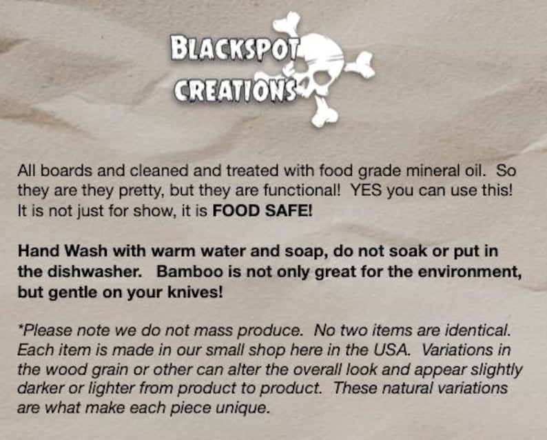 May include: The image features the logo for Blackspot Creations, a skull and crossbones design. The text states the products are food safe, hand wash only, and made in the USA. The products are made from bamboo.