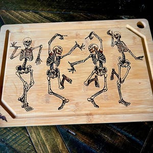 Engraved Bamboo Cutting Board: Dancing Skeletons, Gothic Kitchen Decor