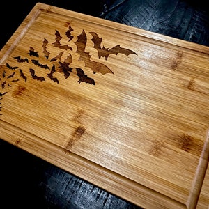 Charcuterie Board - Bats!  engraved on Bamboo wood Cutting Board Cheese Plate Gothic Kitchen Great for any holiday, not just Halloween!