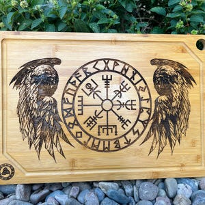 Cutting Board - Odin&#39;s Twin Ravens & Vegvisir engraved on Bamboo Wood Nordic Viking Charcuterie