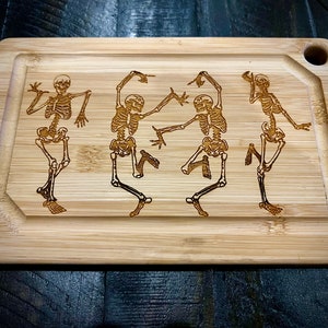 Charcuterie Board - Dancing Skeletons engraved on thick Bamboo Wood Fun Spooky Design Gothic Kitchen Cutting Board Dance of the Dead