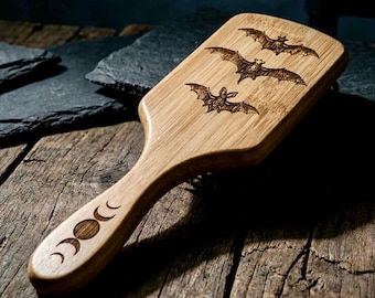 Hairbrush - Triple Bat Design Engraved on Bamboo Hair Brush