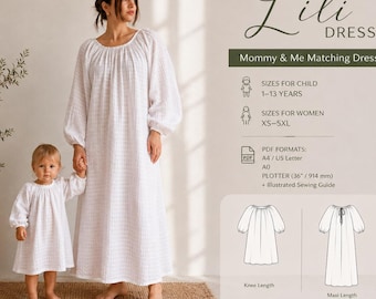Mönster för smockklänning, PDF-mönsterpaket, familjelookmönster, tältklänningsmönster, mammaklänningsmönster, linneklänningsmönster, babyklänningsmönster