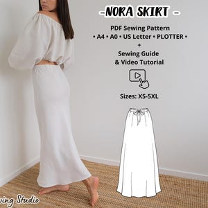 May include: A woman wearing a matching off-the-shoulder top and long skirt. The skirt is white and has a flowing design. The image also includes a PDF sewing pattern for the "Nora Skirt" with sizes XS-5XL, a sewing guide, and video tutorial.