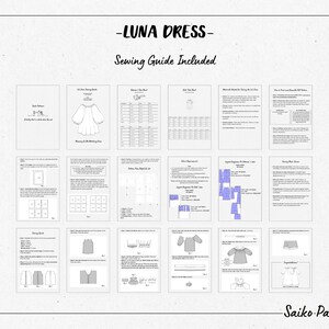 Może przedstawiać: Wz&oacute;r szycia na sukienkę Luna z dołączonym przewodnikiem szycia. Wz&oacute;r zawiera instrukcje i schematy do krojenia i szycia sukienki. Wz&oacute;r jest dostępny w wielu rozmiarach. Wz&oacute;r pochodzi od Saiko Patterns.