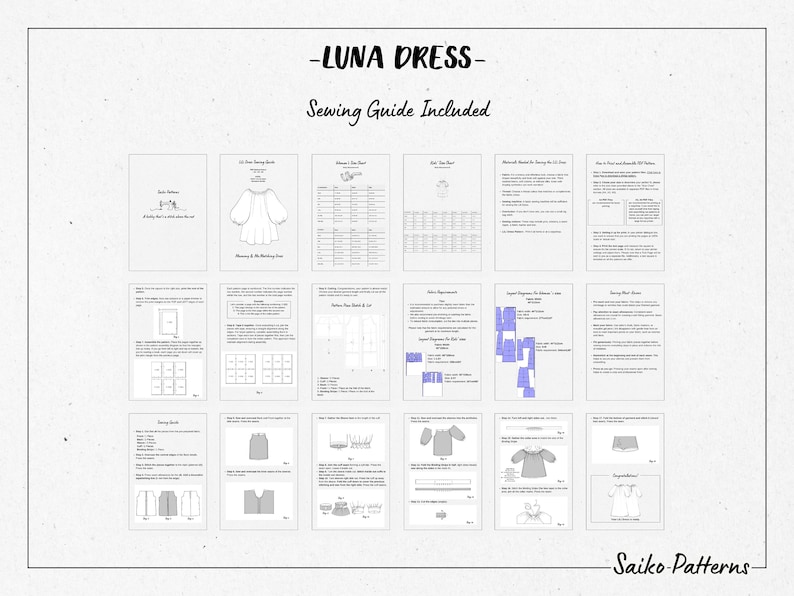 Może przedstawiać: Wz&oacute;r szycia na sukienkę Luna z dołączonym przewodnikiem szycia. Wz&oacute;r zawiera instrukcje i schematy do krojenia i szycia sukienki. Wz&oacute;r jest dostępny w wielu rozmiarach. Wz&oacute;r pochodzi od Saiko Patterns.