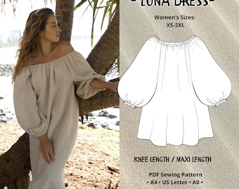 Patrón PDF de vestido de lino con mangas abullonadas sueltas para principiantes, ideal para embarazadas y lactantes, fácil de coser.
