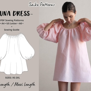 May include: A digital sewing pattern for a Luna dress. The pattern includes instructions for making a knee-length or maxi-length dress with a gathered neckline and balloon sleeves. Sizes XS-3XL.