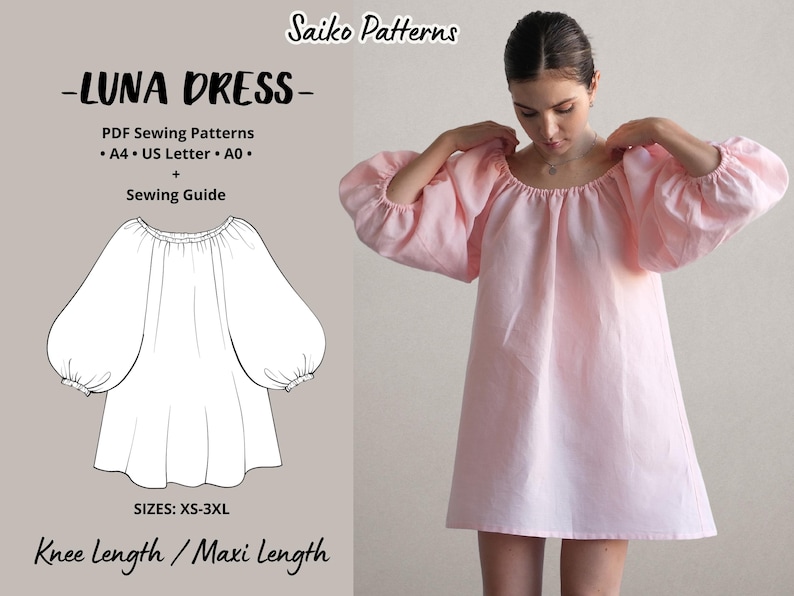 This Charming Puff Sleeve Smock Dress Pattern is perfect for all body types. The dress can be sewn in two lengths: mini and maxi. The simple design and detailed instructions with pictures make this pattern perfect for beginners.