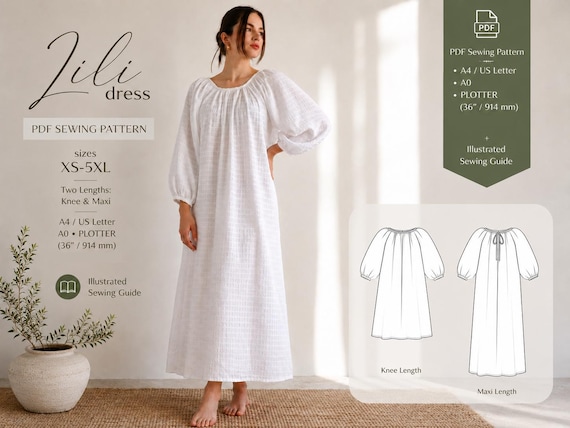 Puff Sleeve PDF, Linen Dress Pattern, Maternity Pattern, Smock Dress Pattern, Tent Dress Pattern, Loose Linen Dress, Easy Dress Pattern