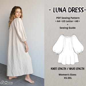 Op de afbeelding: Een naaipatroon voor een knielange of maxi-jurk genaamd de Luna Dress. Het patroon bevat instructies voor maten XS-3XL en is verkrijgbaar in de formaten A4, US Letter en A0.