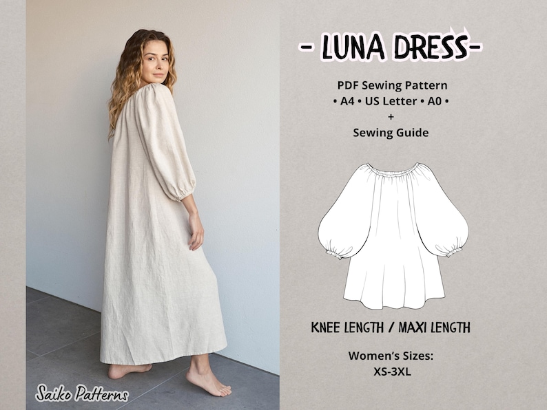 Raglan Smock Style Dress PDF Pattern with Puff Sleeves for all Body Types, Easy sewing, Beginners Friendly Loose Dress Pattern for Woman
