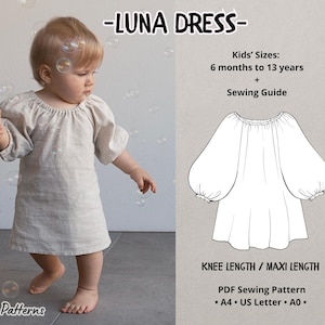 May include: A sewing pattern for a simple, knee-length or maxi-length dress called the "Luna Dress". The pattern is available in sizes for children from 6 months to 13 years old. The pattern includes a sewing guide and is available in A4, US Letter, and A0 sizes.
