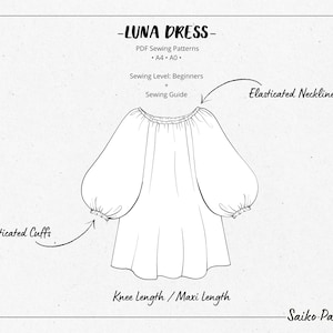Może przedstawiać: Liniowy rysunek wzoru sukienki o nazwie "Luna Dress" z elastycznym dekoltem i mankietami. Sukienka jest do kolan lub maxi. Wz&oacute;r jest dostępny w rozmiarach A4 i A0. Poziom szycia jest dla początkujących i zawiera instrukcję szycia. Wz&oacute;r pochodzi od Saiko Patterns.