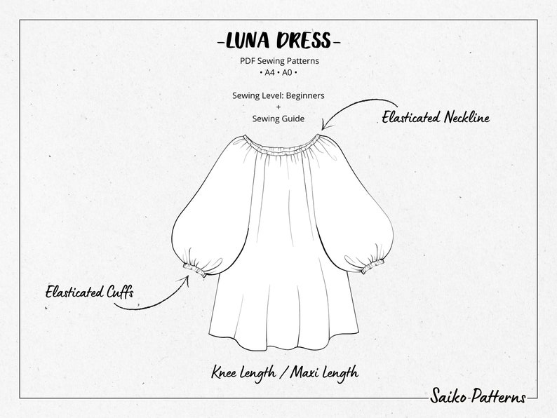 Może przedstawiać: Liniowy rysunek wzoru sukienki o nazwie "Luna Dress" z elastycznym dekoltem i mankietami. Sukienka jest do kolan lub maxi. Wz&oacute;r jest dostępny w rozmiarach A4 i A0. Poziom szycia jest dla początkujących i zawiera instrukcję szycia. Wz&oacute;r pochodzi od Saiko Patterns.