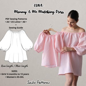 Puede incluir: Un patrón de costura PDF para un vestido a juego de mamá e hija. El patrón incluye instrucciones para tallas de 6 meses a 13 años para niñas y XS-3XL para mujeres. El vestido tiene un estilo holgado, de hombros descubiertos, con mangas abullonadas y una opción de longitud hasta la rodilla o maxi.