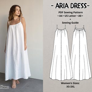 May include: A white maxi dress sewing pattern with a model wearing the dress. The pattern is available in sizes XS-3XL and includes instructions for sewing the dress. The pattern is available in A4, US Letter, and A0 sizes.