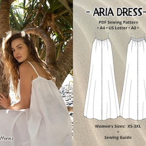 Gathered Summer Dress PDF Pattern with Sewing Guide, Linen Sleeveless Maxi Beach Dress, Slip Dress and Camisole Dress for All Body Types