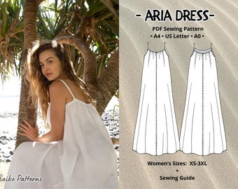 Gathered Summer Dress PDF Pattern with Sewing Guide, Linen Sleeveless Maxi Beach Dress, Slip Dress and Camisole Dress for All Body Types