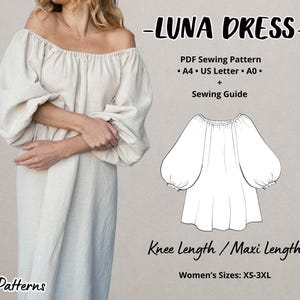 May include: A digital sewing pattern for a Luna dress, available in knee length or maxi length. The pattern includes instructions for sizes XS-3XL and is available in A4, US Letter, and A0 sizes. The image shows a woman wearing a white dress with a loose, flowing silhouette.