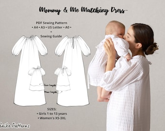 Wzór na sukienkę typu smock, pakiet wzorów w formacie PDF, wzór Family Look, wzór na sukienkę typu tent, wzór ciążowy, wzór na sukienkę lnianą, wzór na sukienkę dla niemowląt