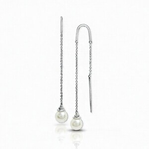 Freshwater Pearl Threader Earrings | Sterling Silver Dangle, White Sapphire