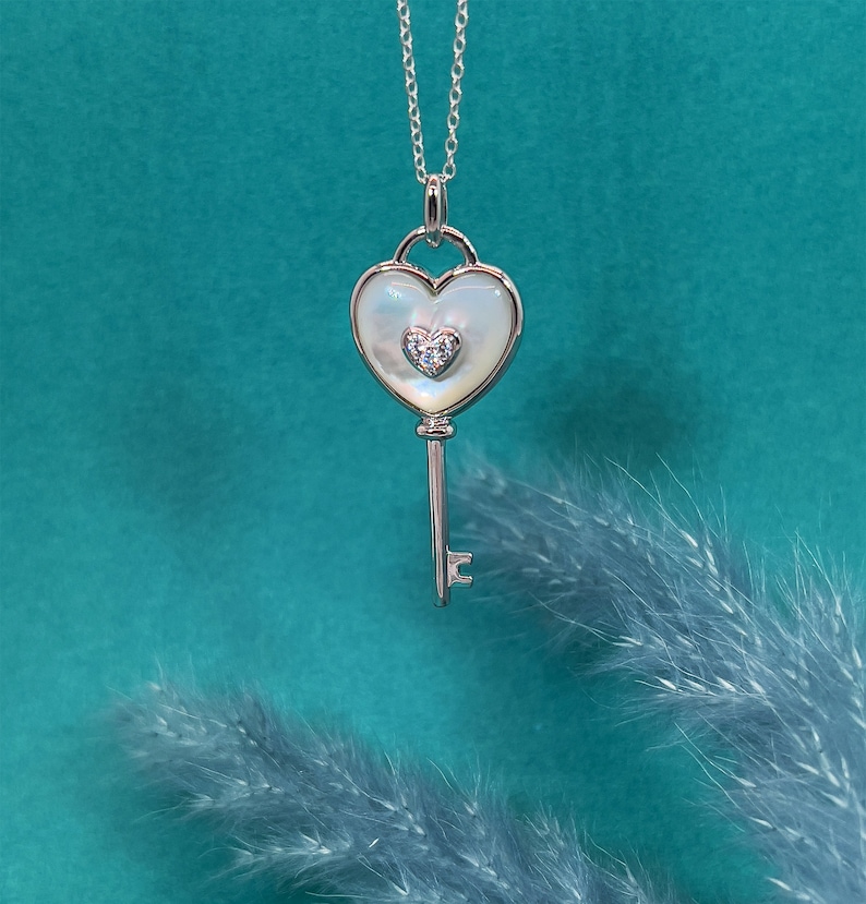 Heart Key Necklacewhite Sapphire and Mother of Pearl Heart Pendant in