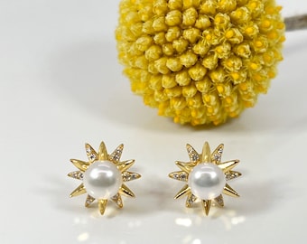Pearl Star Stud Earrings: Yellow Gold Plated Sterling Silver, CZ