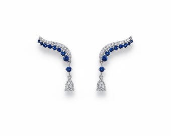 Pendientes trepadores con forma de hoja de zafiro, plata de ley rodiada (azul rey)