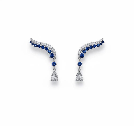 Sapphire Leaf Ear Climbers, Rhodium-Plated Sterling Silver (Royal Blue)