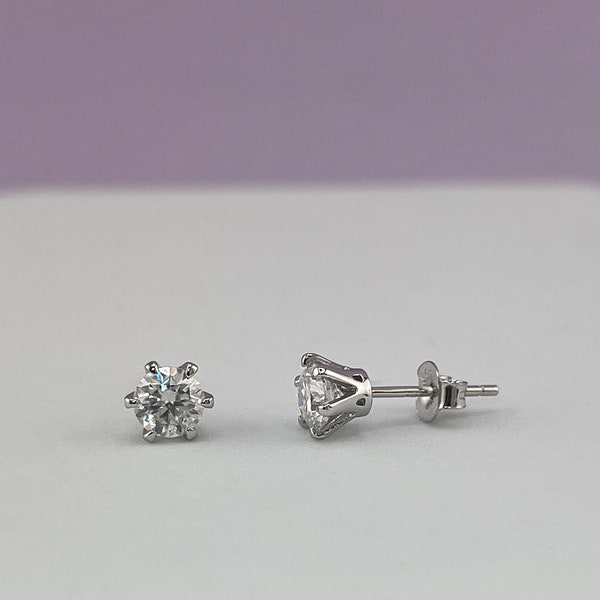 1Ct Certified VVS1 Round Brilliant Cut Moissanite Diamond Stud Earrings-Rhodium Plated 925 Sterling Silver-6 Prong Setting Moissanite Studs