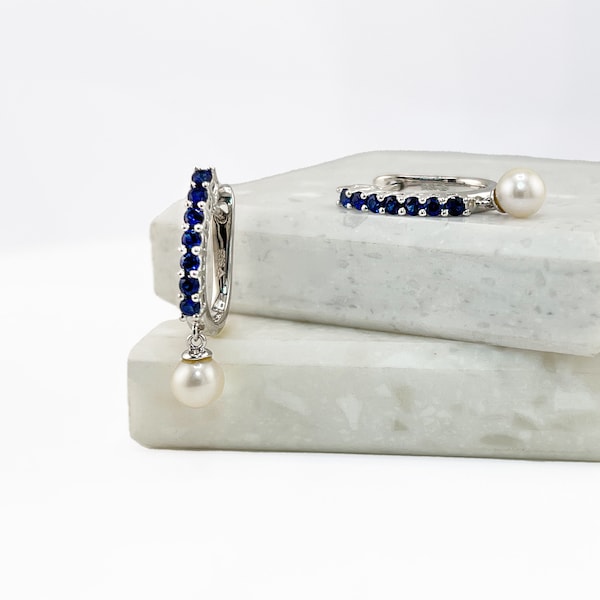 Blue Sapphire and Freshwater Cultured Pearl Huggie Earrings in Rhodium Plated Sterling Silver; Dangling Pearl Hoops, Pearl Bridal Earrings