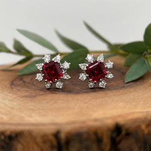 Cushion Cut Ruby Sterling Silver Stud Earrings: White Sapphire Halo