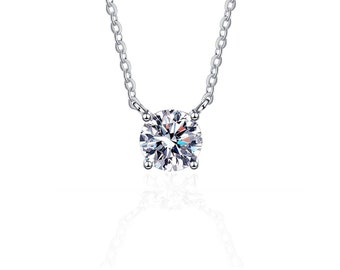 Certified VVS1 1.0 Ct. or 1/2 Ct. Moissanite Diamond Solitaire Pendant in Rhodium Plated Sterling Silver, Brilliant Cut Moissanite Necklace