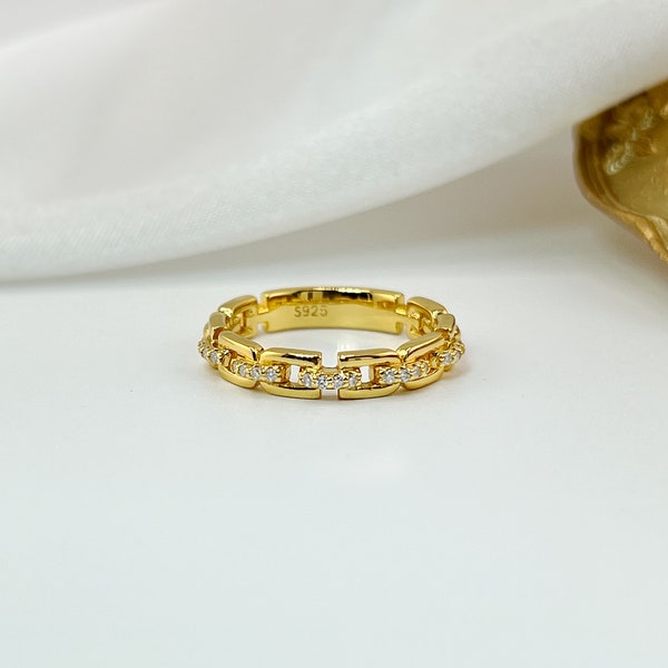 Moissanite Chain Link Ring in 14K Gold Plated Sterling Silver, Gold Cable Link Eternity Ring, Stacking Minimalist Pave Dainty Ring for Women
