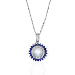 Freshwater Pearl and Blue Sapphire Halo Pendant in Rhodium-Plated Silver, White Cultured Pearl & Sapphire Necklace, Blue Sapphire Necklace